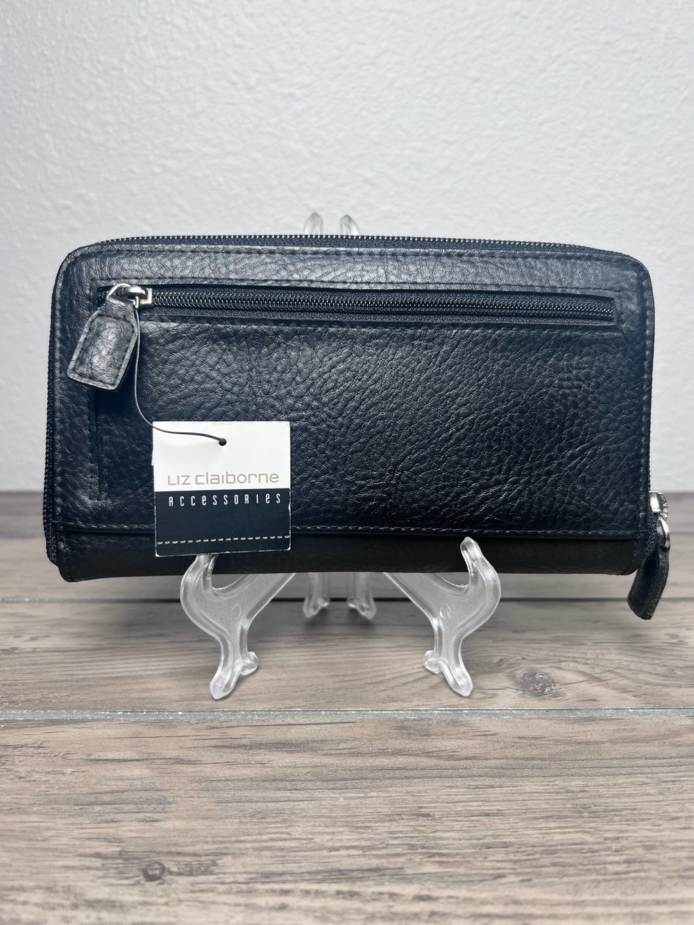 Liz‎ Claiborne Vintage NWT Black Pebbled Zip Around Organizer Wallet Clutch 90s